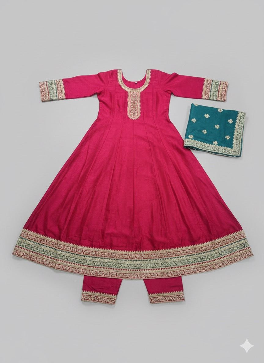 Vichitra Silk Embroidered Anarkali Suit with Teal Dupatta – Pink Kurta Set