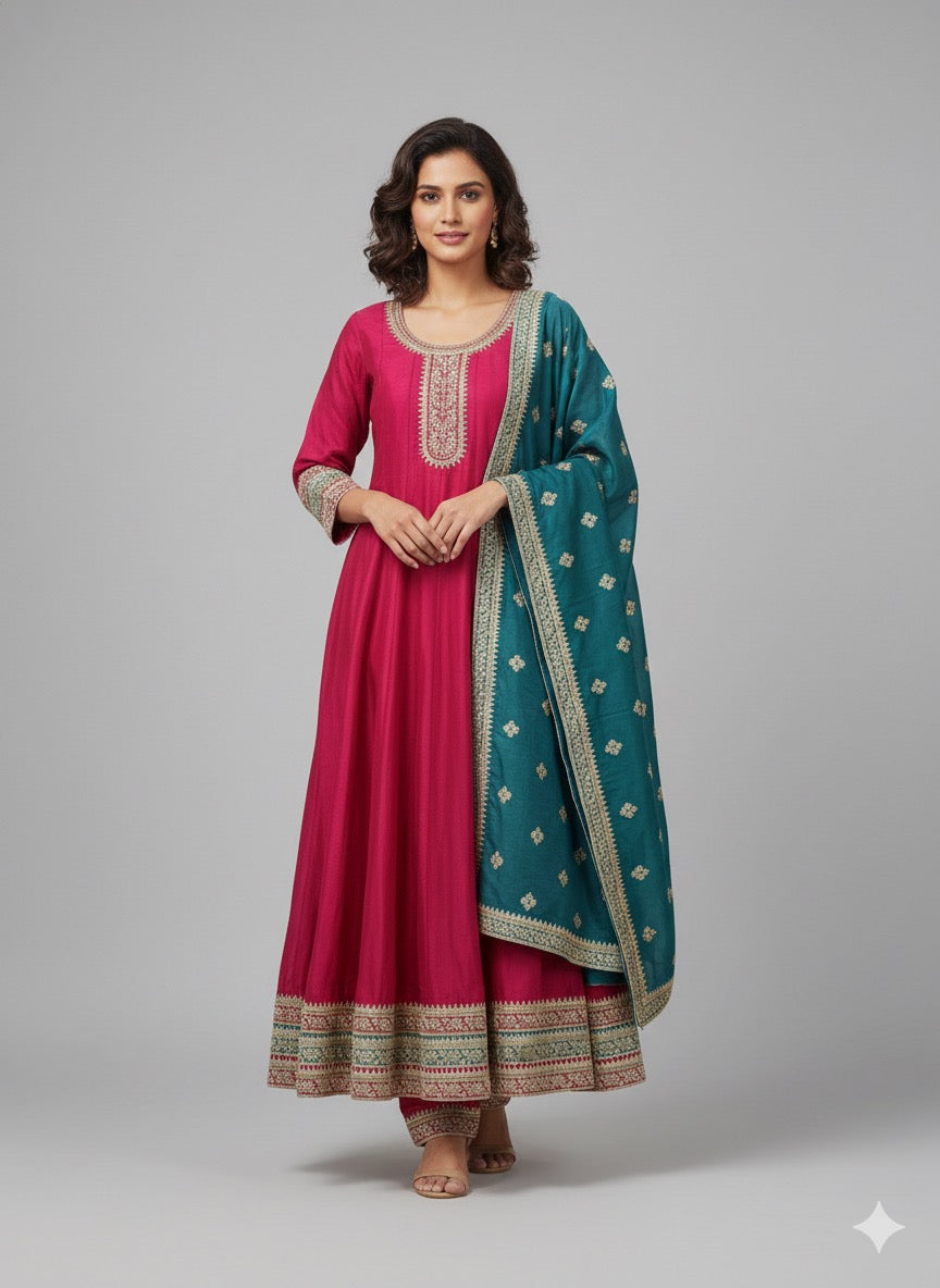 Vichitra Silk Embroidered Anarkali Suit with Teal Dupatta – Pink Kurta Set