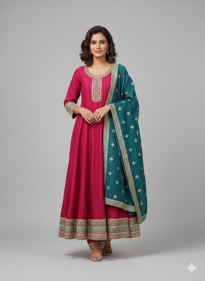 Vichitra Silk Embroidered Anarkali Suit with Teal Dupatta – Pink Kurta Set