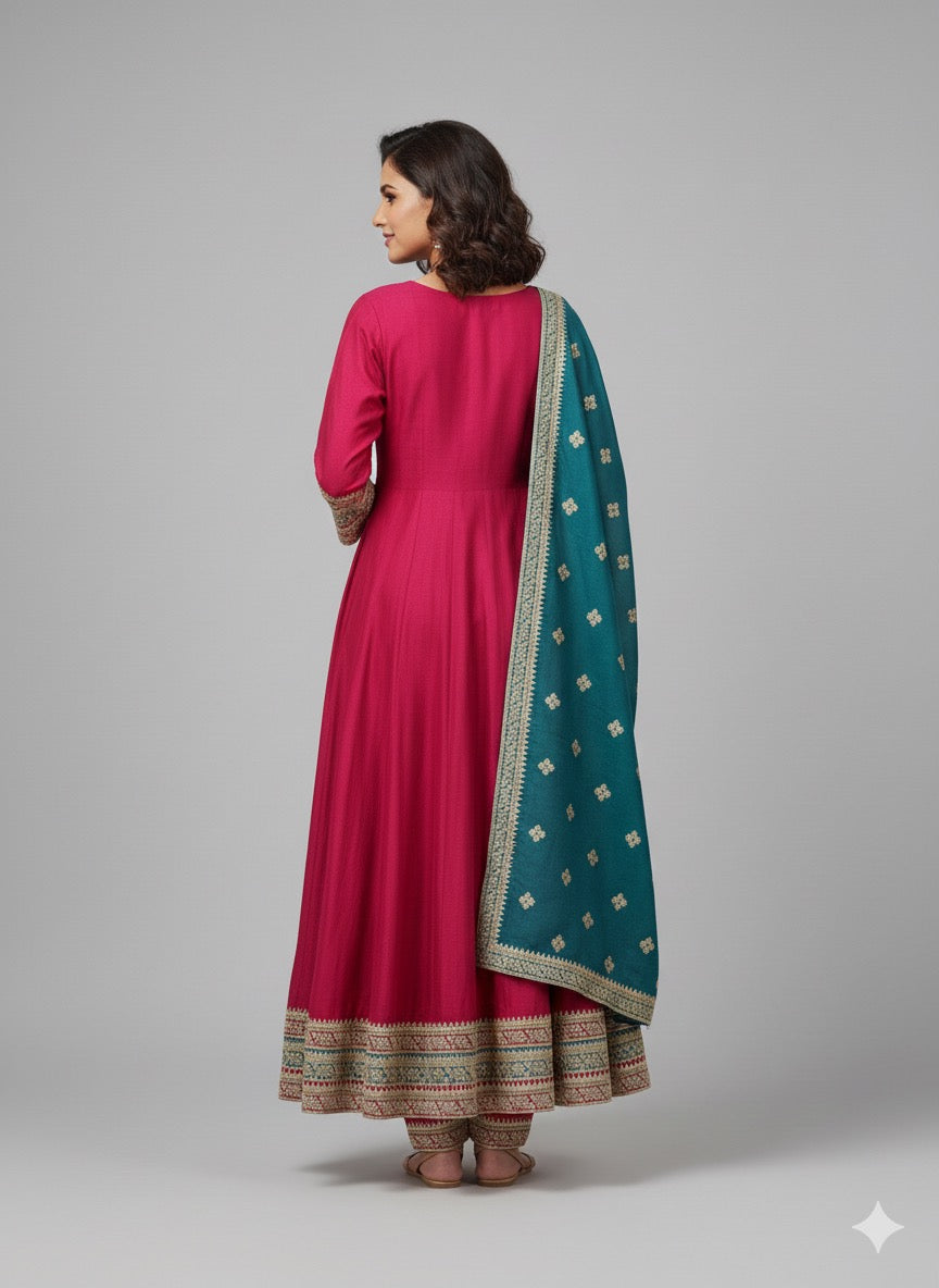 Vichitra Silk Embroidered Anarkali Suit with Teal Dupatta – Pink Kurta Set