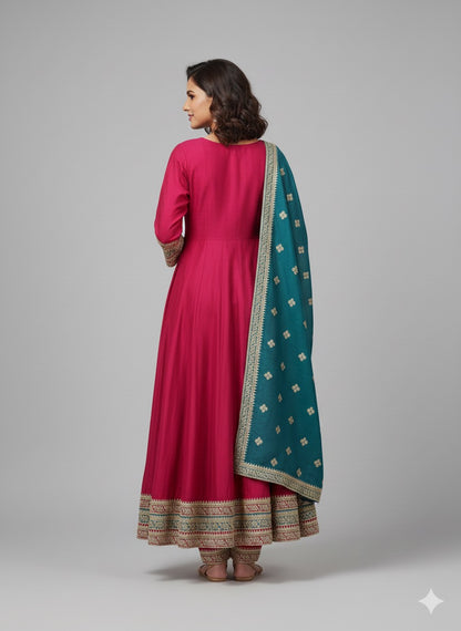 Vichitra Silk Embroidered Anarkali Suit with Teal Dupatta – Pink Kurta Set
