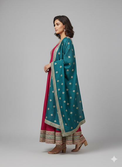 Vichitra Silk Embroidered Anarkali Suit with Teal Dupatta – Pink Kurta Set