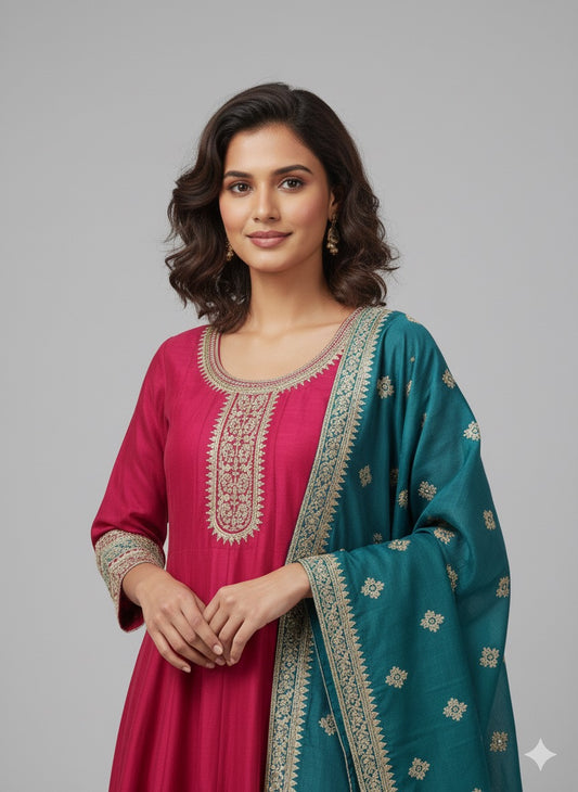 Vichitra Silk Embroidered Anarkali Suit with Teal Dupatta – Pink Kurta Set