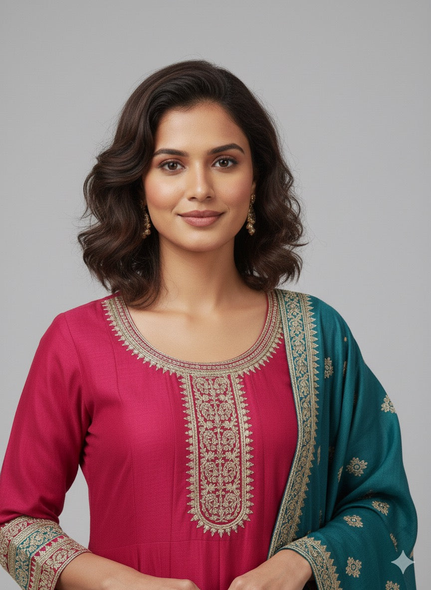 Vichitra Silk Embroidered Anarkali Suit with Teal Dupatta – Pink Kurta Set