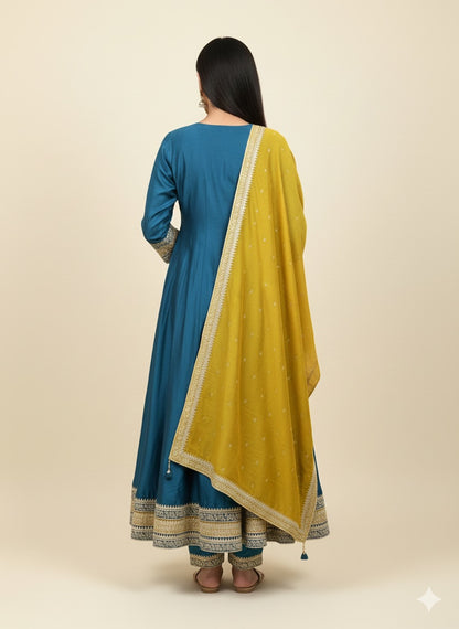 Vichitra Silk Embroidered Anarkali Suit with Mustard Dupatta