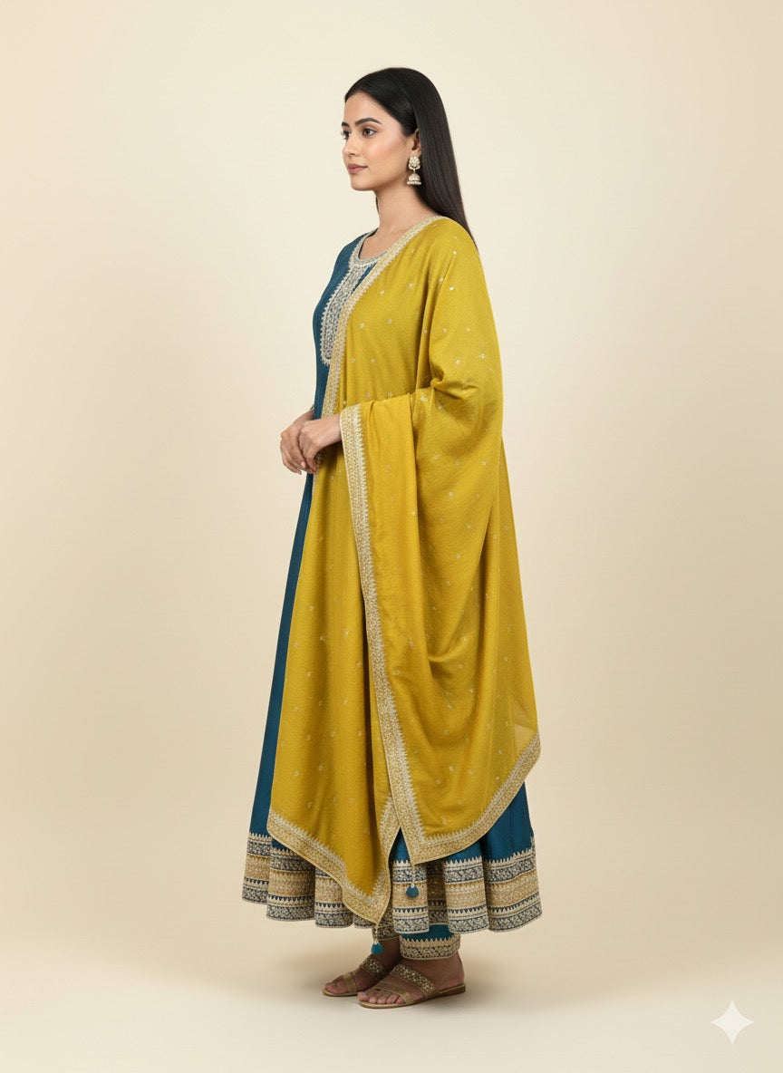 Vichitra Silk Embroidered Anarkali Suit with Mustard Dupatta