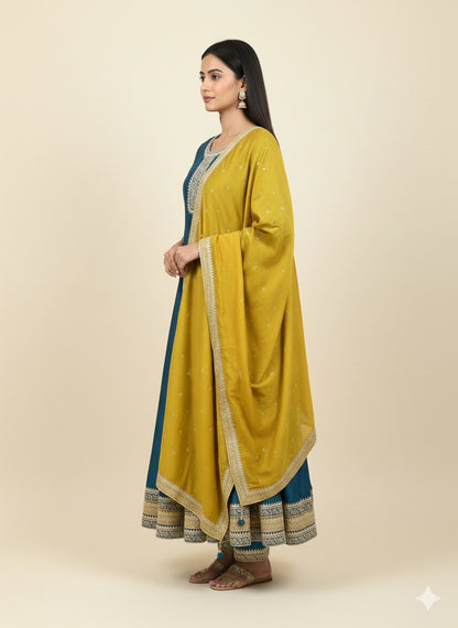 Vichitra Silk Embroidered Anarkali Suit with Mustard Dupatta