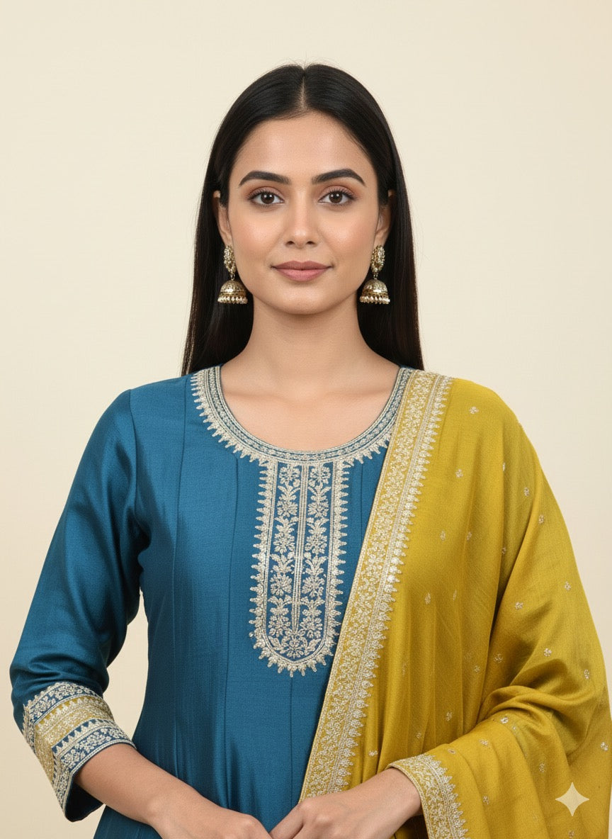 Vichitra Silk Embroidered Anarkali Suit with Mustard Dupatta