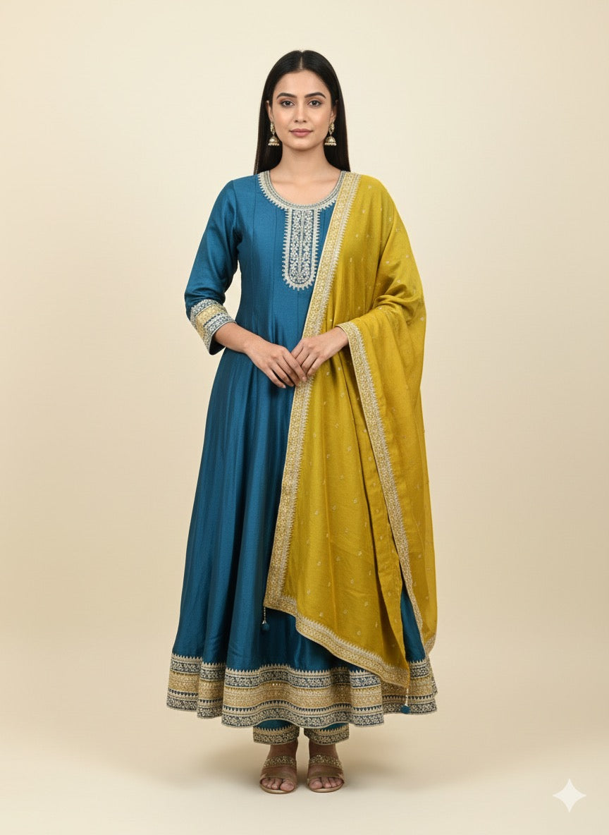 Vichitra Silk Embroidered Anarkali Suit with Mustard Dupatta