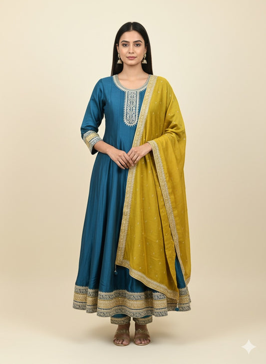 Vichitra Silk Embroidered Anarkali Suit with Mustard Dupatta