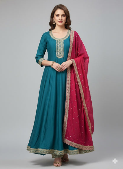 Embroidered Vichitra Silk Anarkali Suit with Contrast Dupatta & Zari Detailing