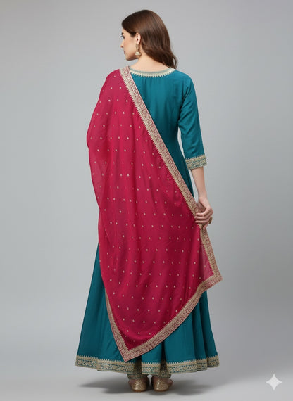 Embroidered Vichitra Silk Anarkali Suit with Contrast Dupatta & Zari Detailing