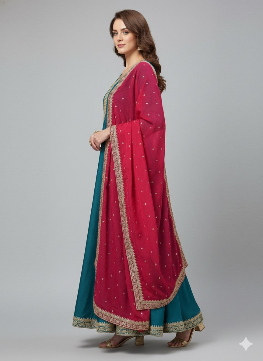 Embroidered Vichitra Silk Anarkali Suit with Contrast Dupatta & Zari Detailing