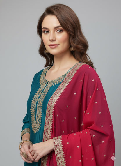 Embroidered Vichitra Silk Anarkali Suit with Contrast Dupatta & Zari Detailing