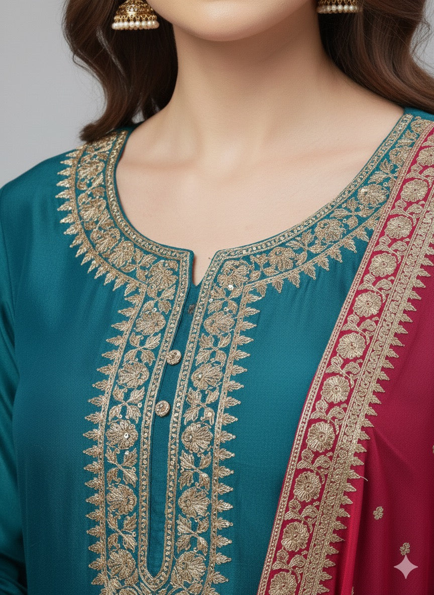 Embroidered Vichitra Silk Anarkali Suit with Contrast Dupatta & Zari Detailing