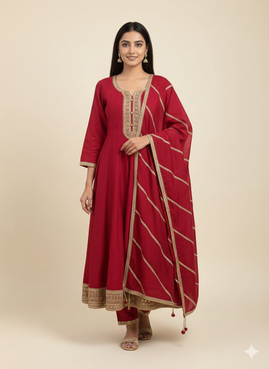 Embroidered Vichitra Silk Anarkali Suit with Heavy Dupatta & Golden Zari Work