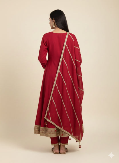 Embroidered Vichitra Silk Anarkali Suit with Heavy Dupatta & Golden Zari Work