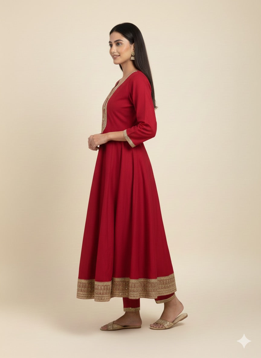 Embroidered Vichitra Silk Anarkali Suit with Heavy Dupatta & Golden Zari Work