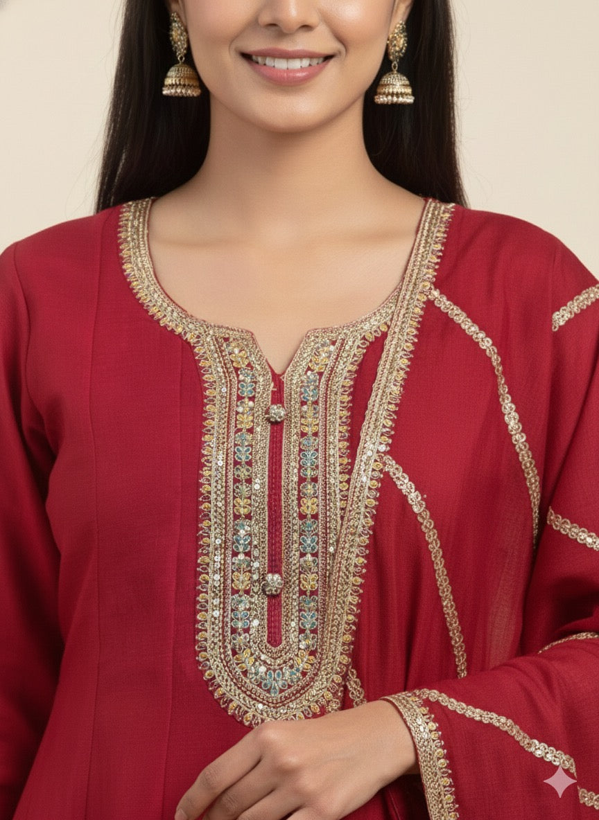 Embroidered Vichitra Silk Anarkali Suit with Heavy Dupatta & Golden Zari Work