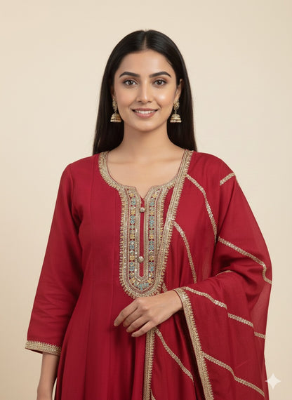 Embroidered Vichitra Silk Anarkali Suit with Heavy Dupatta & Golden Zari Work